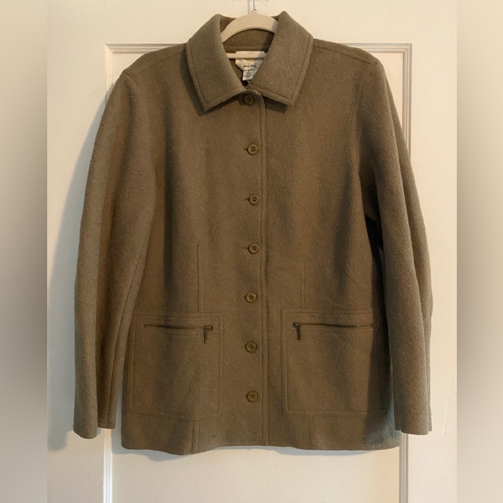 Talbots Olive Green Alpaca Wool Blend Boiled Utility Jacket Size Large